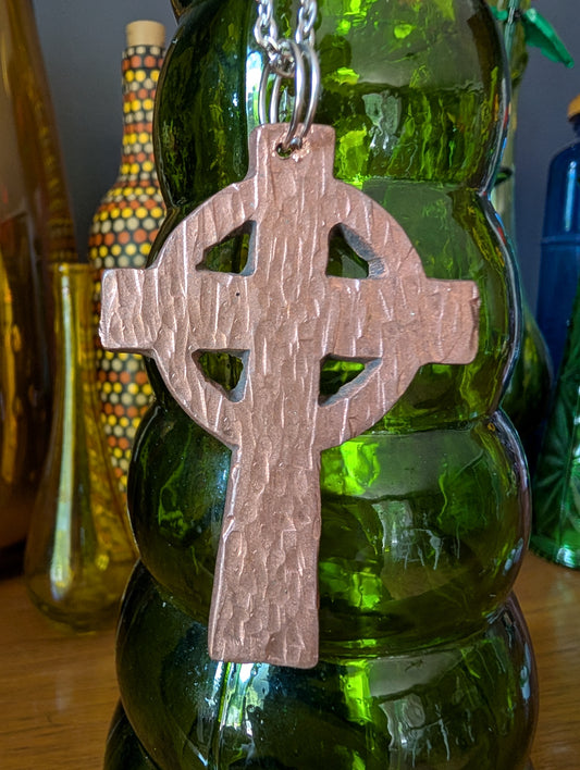 Copper Celtic Cross Pendant (Bark Texture)